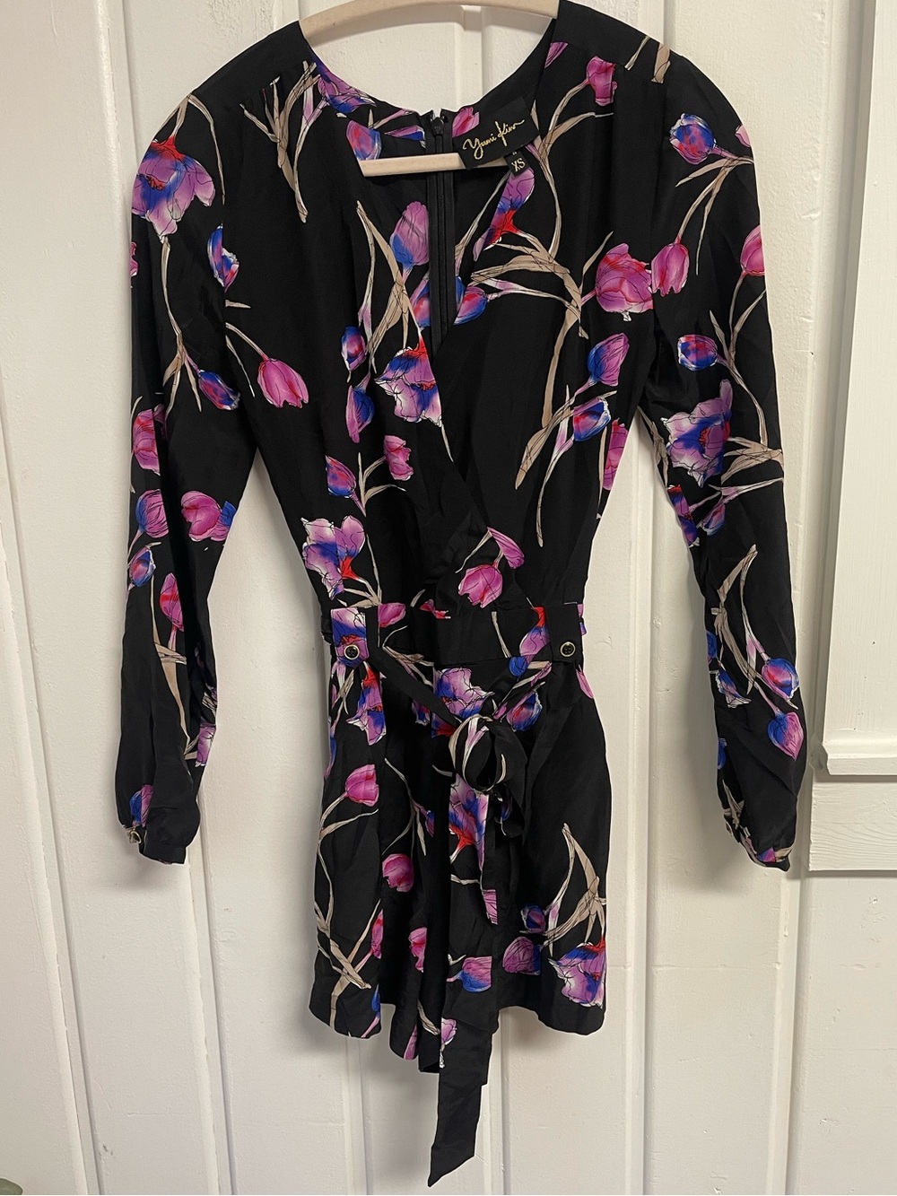 Yumi Kim Liz Silk Floral Unlined Romper XS Black Pink Purple Blue